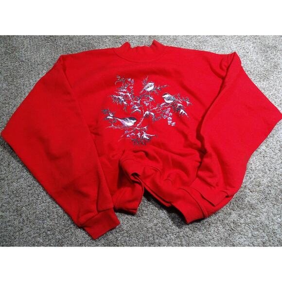 Northern Reflections Vintage Red Winter Birds Mock Neck Sweatshirt L Cottagecore - Picture 1 of 8